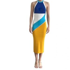 Solid & Striped Colorblock Dress Low Back Midi Knit Halter Stretch Bodycon Small